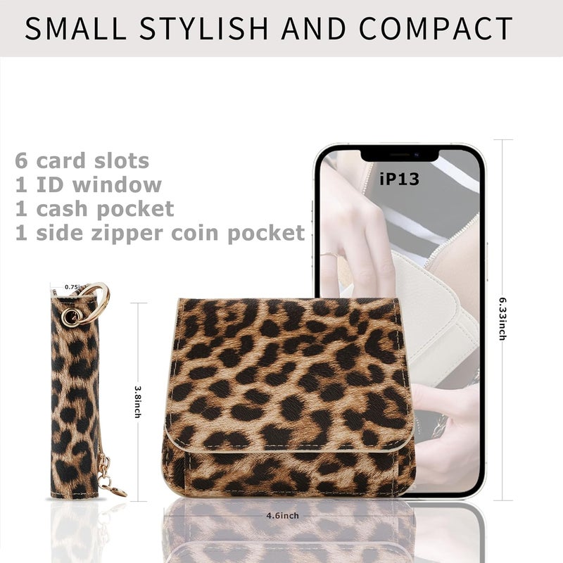 Sunpour Women Small Wallet RFID Blocking Slim Wallet with Coin Pocket Tri-Fold Credit Card Holder with ID Window and Keychain (Leopard) - Image 2